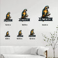 Macaw parrot metal sign size comparison showing six square dimensions in a home decor setting
