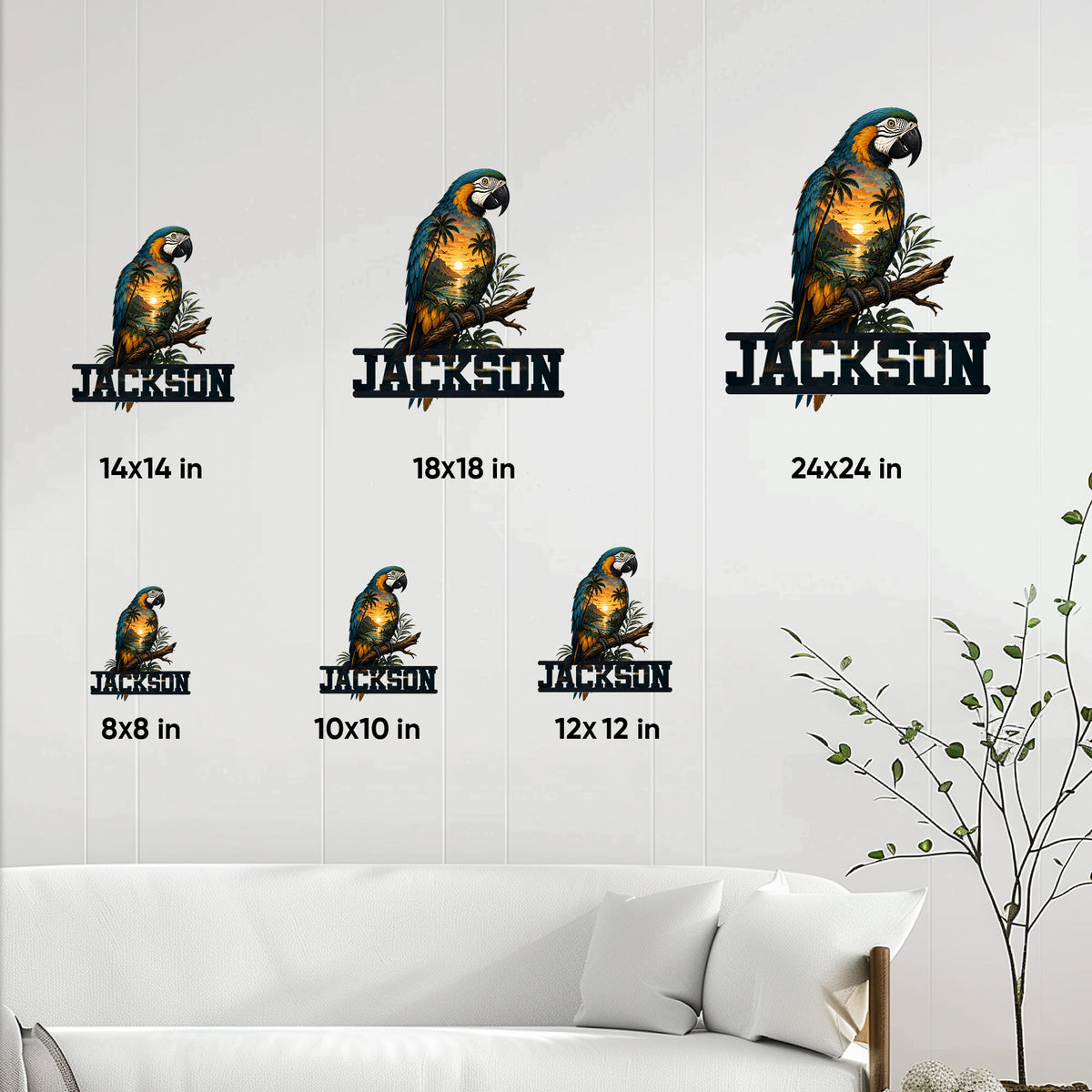 Macaw parrot metal sign size comparison showing six square dimensions in a home decor setting
