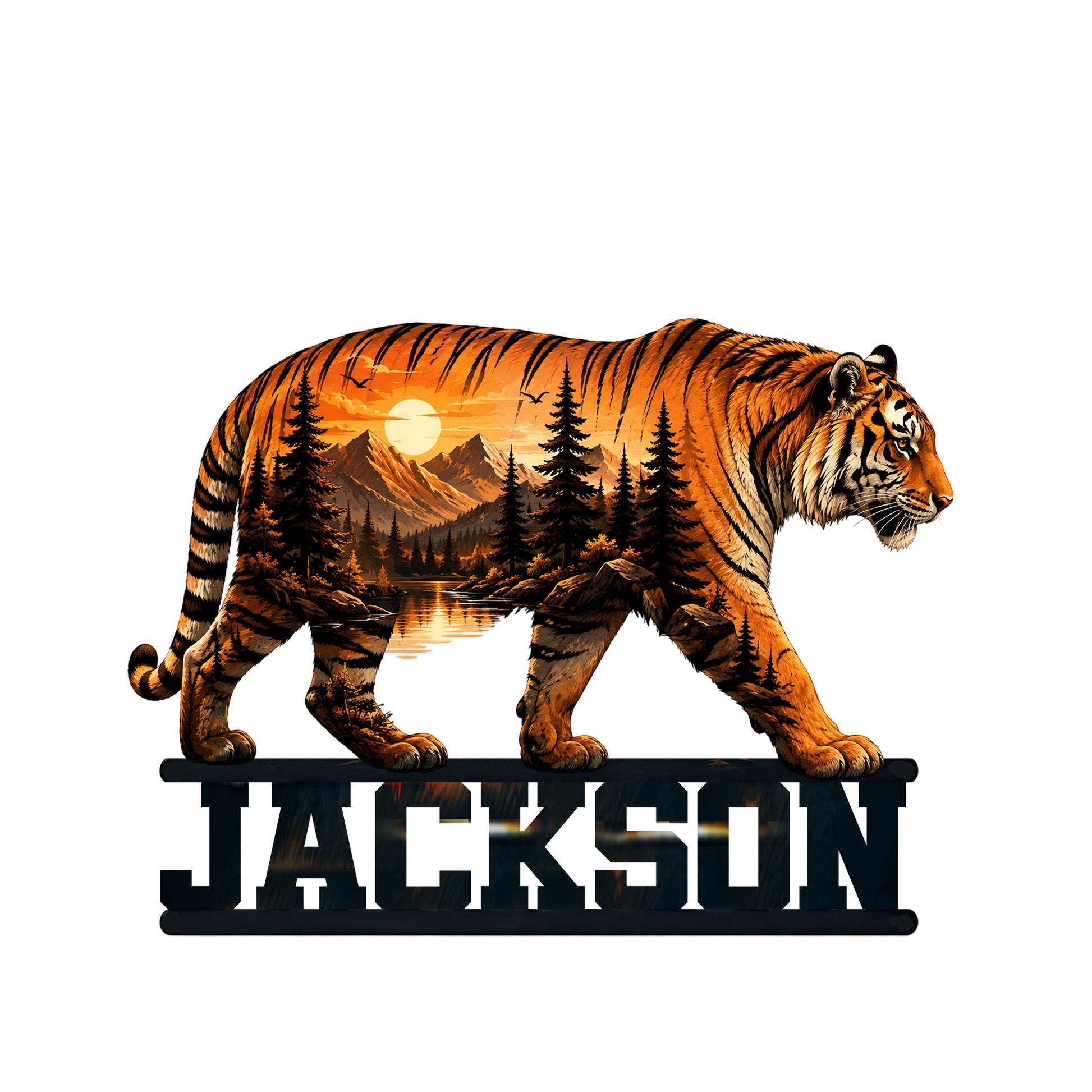 Tiger metal sign featuring a walking tiger filled with a sunset mountain, pine forest, and lake landscape