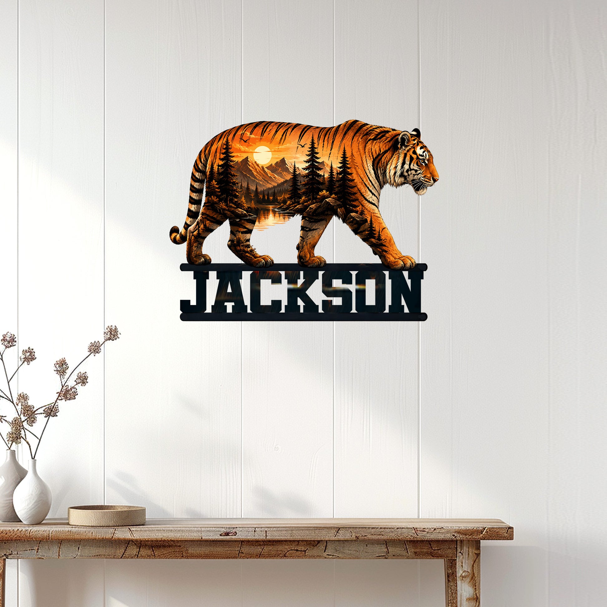 Tiger wall sign displayed on white wood paneling above a rustic console table in a modern home