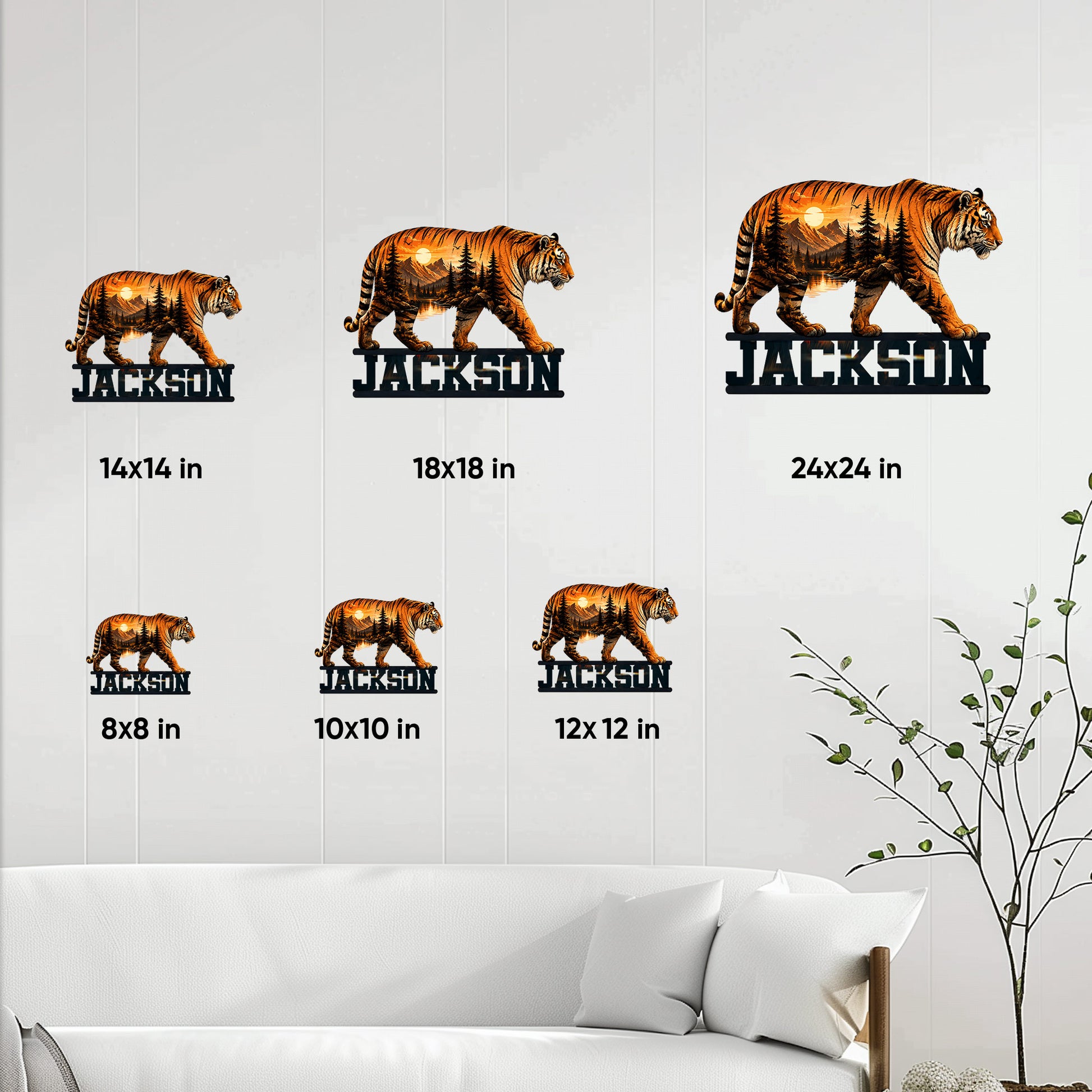 Tiger metal sign size guide showing six available square sizes from 8 by 8 to 24 by 24 inches