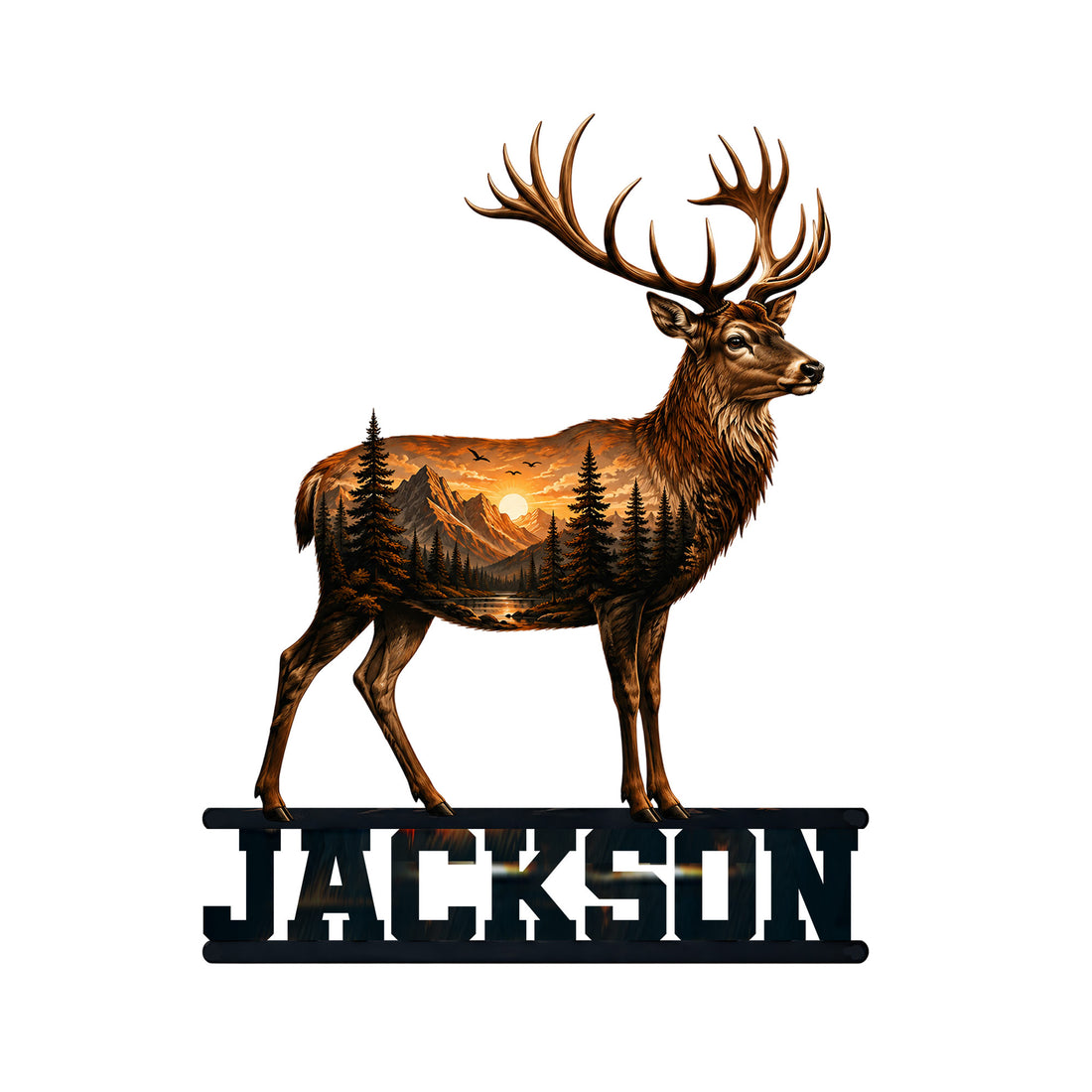Custom deer metal sign featuring a majestic stag with a mountain sunset and pine forest scene