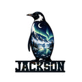 Penguin metal sign featuring an aurora-lit mountain lake, crescent moon, and snowy wilderness artwork