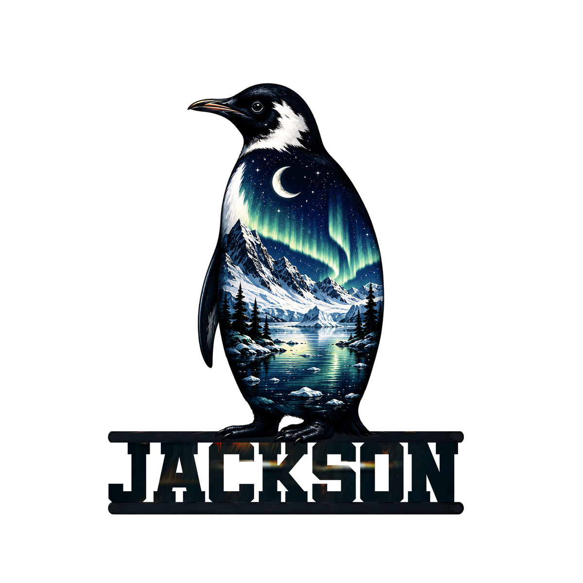 Penguin metal sign featuring an aurora-lit mountain lake, crescent moon, and snowy wilderness artwork
