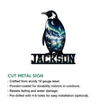 Cut metal penguin sign shown with product feature information for indoor or outdoor display