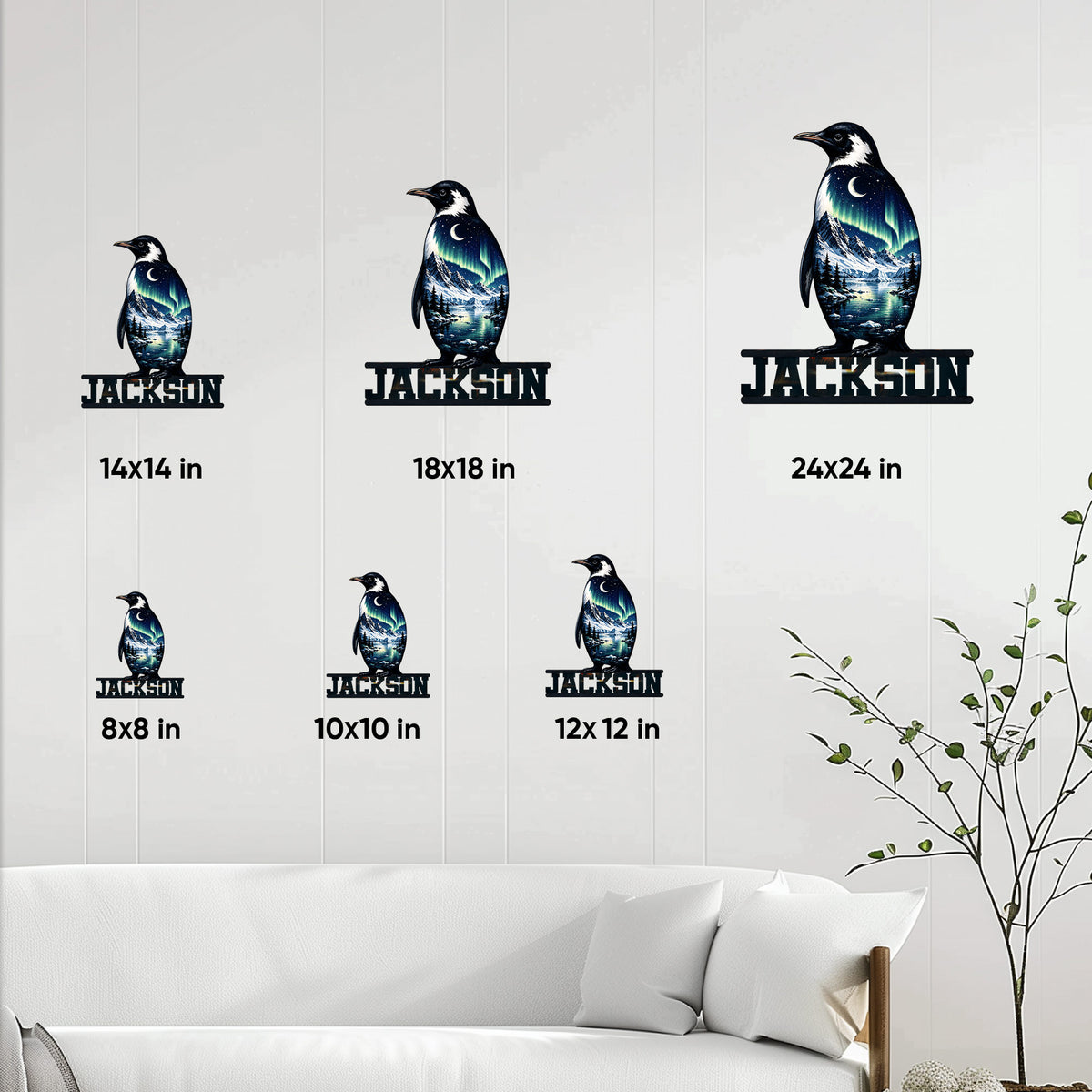Penguin metal sign size guide showing available 8x8, 10x10, 12x12, 14x14, 18x18, and 24x24 inch options