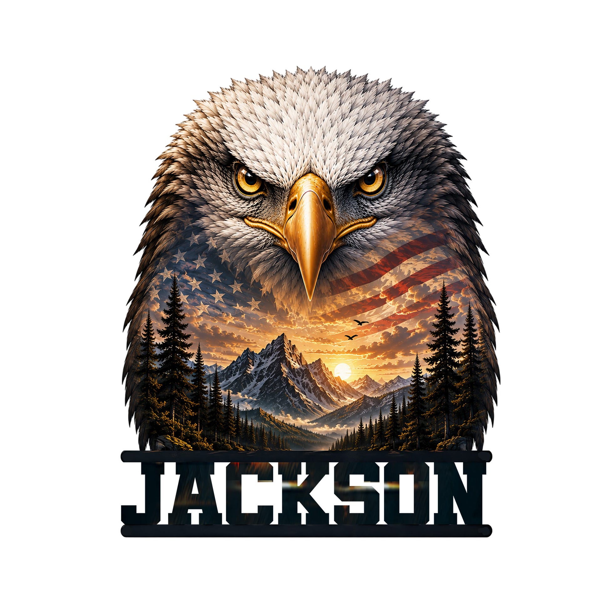 Patriotic eagle metal sign featuring a bold bald eagle over an American flag and mountain landscape