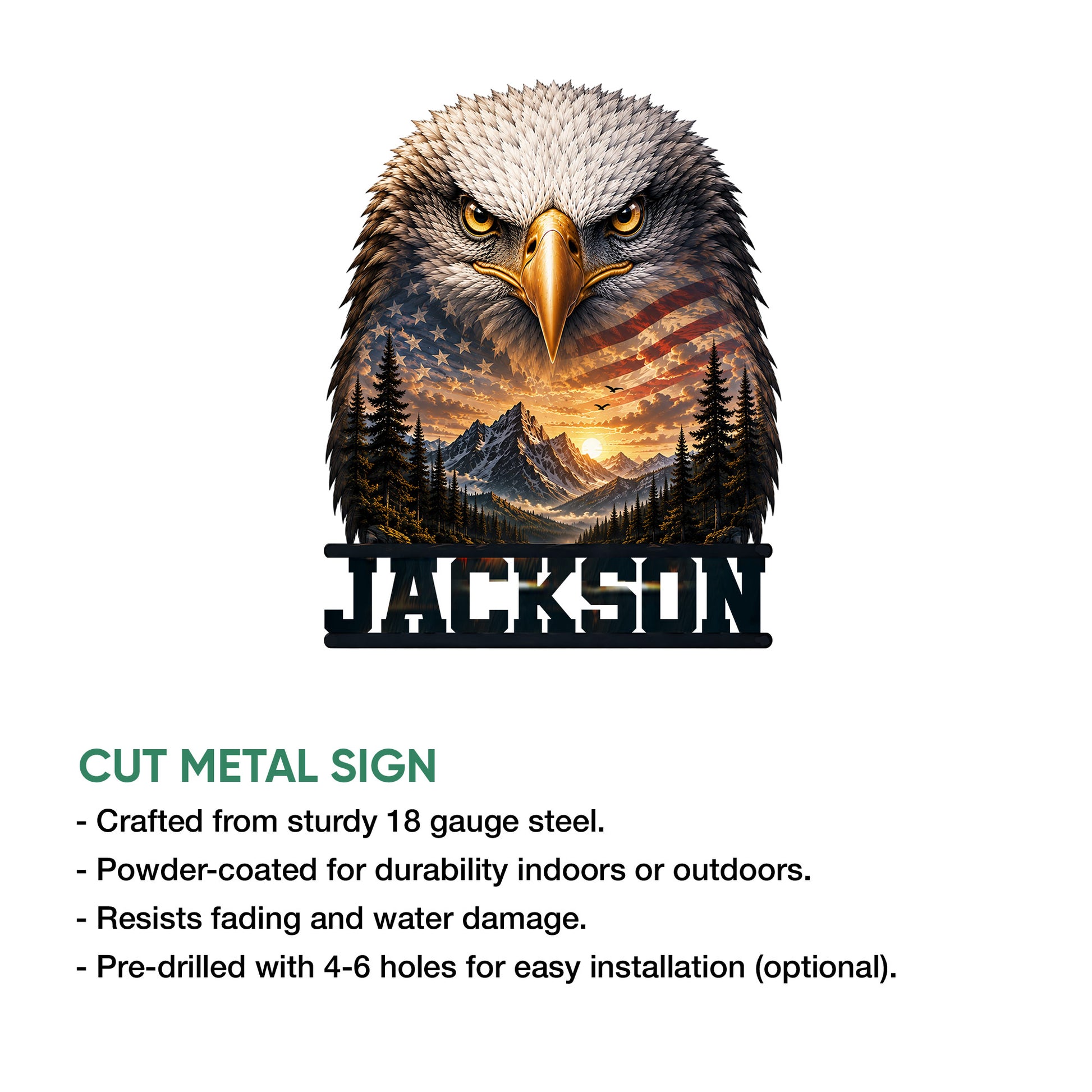 Cut metal eagle sign featuring a patriotic eagle, flag, mountain scenery, and bold lower lettering