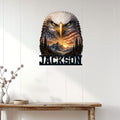 Patriotic eagle wall sign displayed on white paneling above a rustic console table