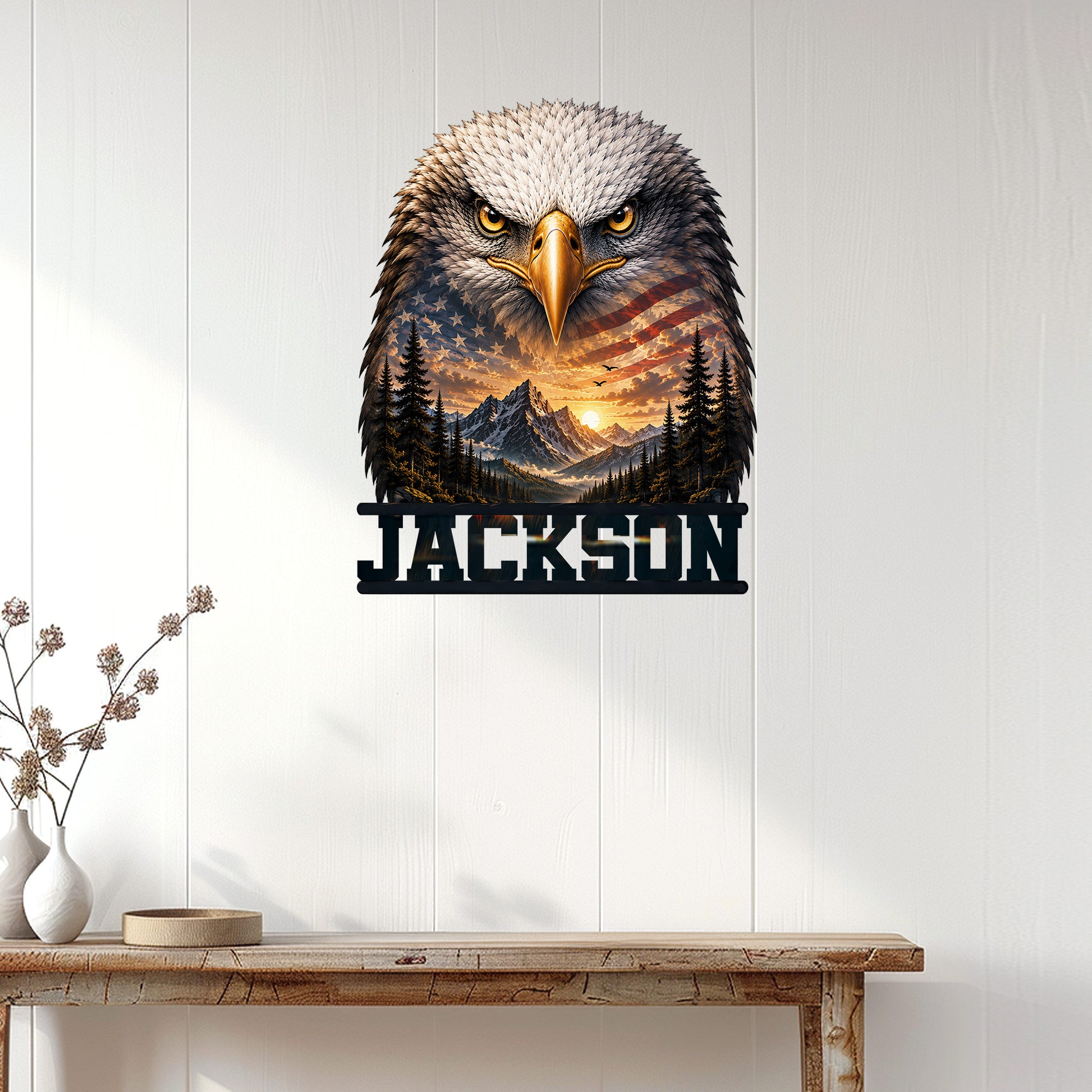 Patriotic eagle wall sign displayed on white paneling above a rustic console table