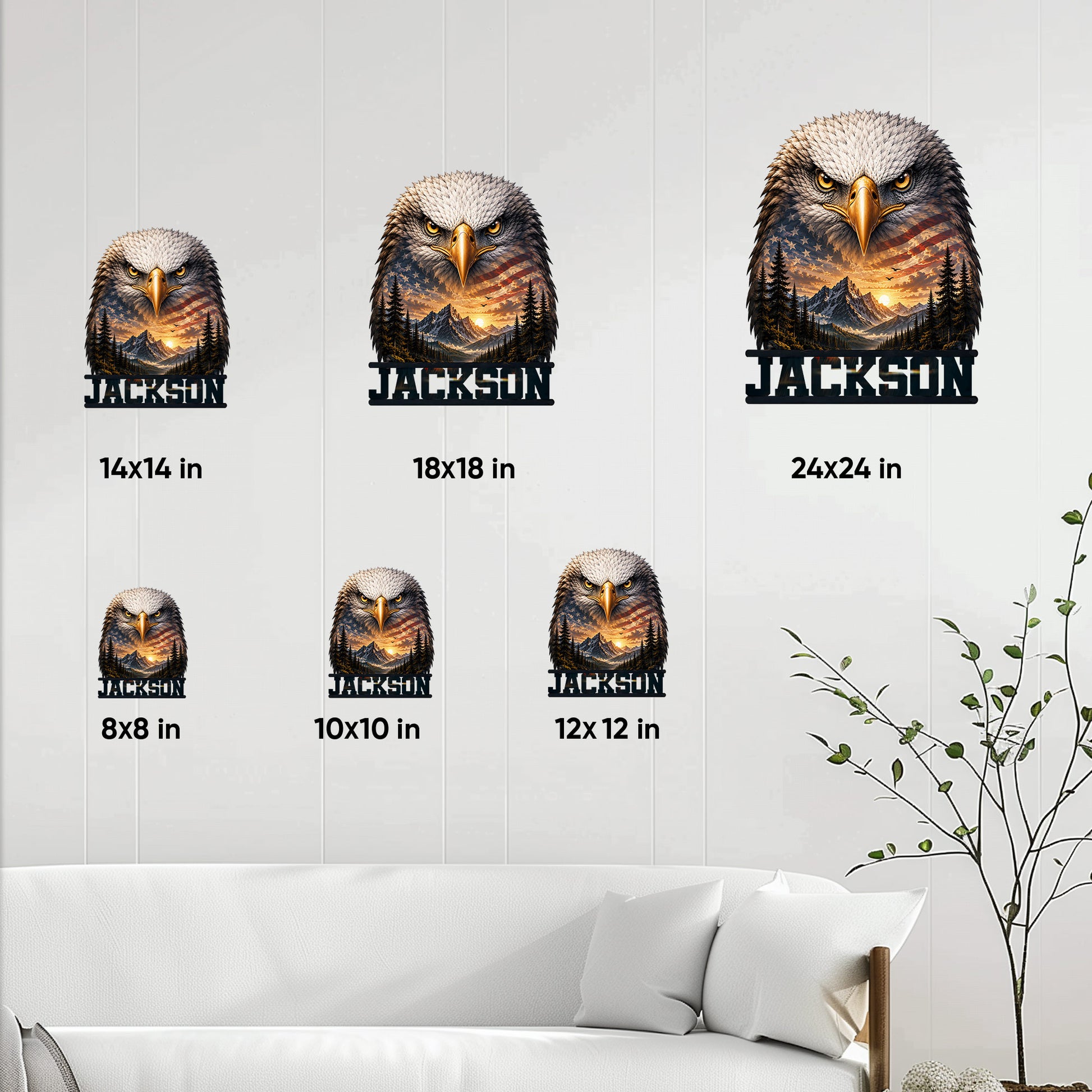 Eagle metal sign size guide showing six square size options from 8 by 8 to 24 by 24 inches