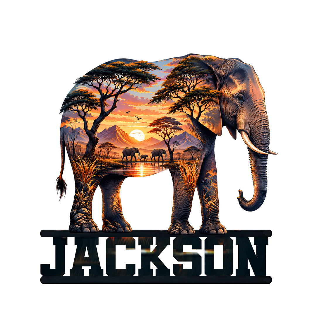 Elephant-shaped metal sign featuring an African savanna sunset, acacia trees, mountains, and a family herd