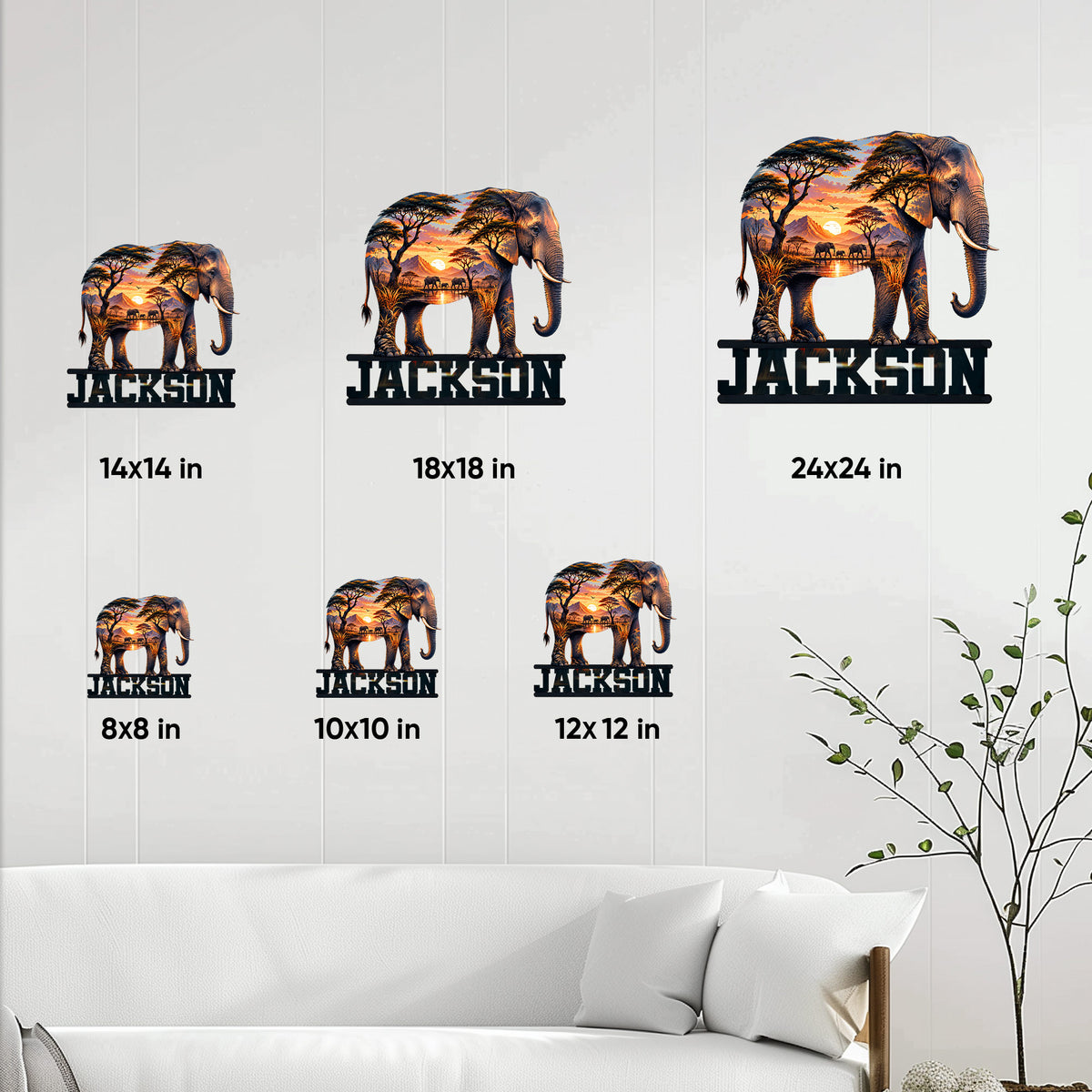 Elephant metal sign shown in multiple size options above a living room sofa
