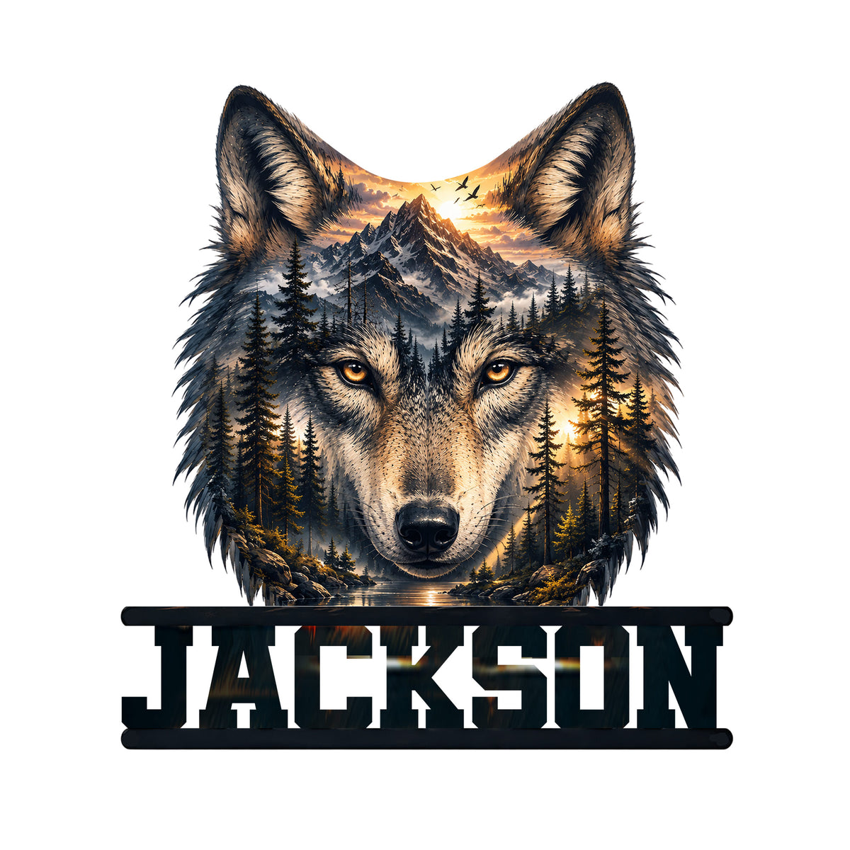 Wolf metal sign featuring a detailed forest-and-mountain portrait with glowing eyes and a dramatic sunset landscape