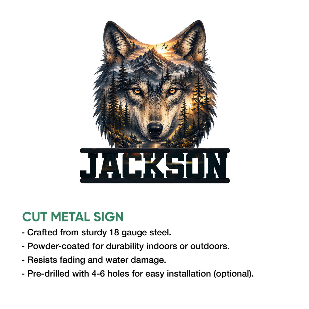 Cut metal wolf sign showcasing a detailed mountain forest scene and bold lower display design