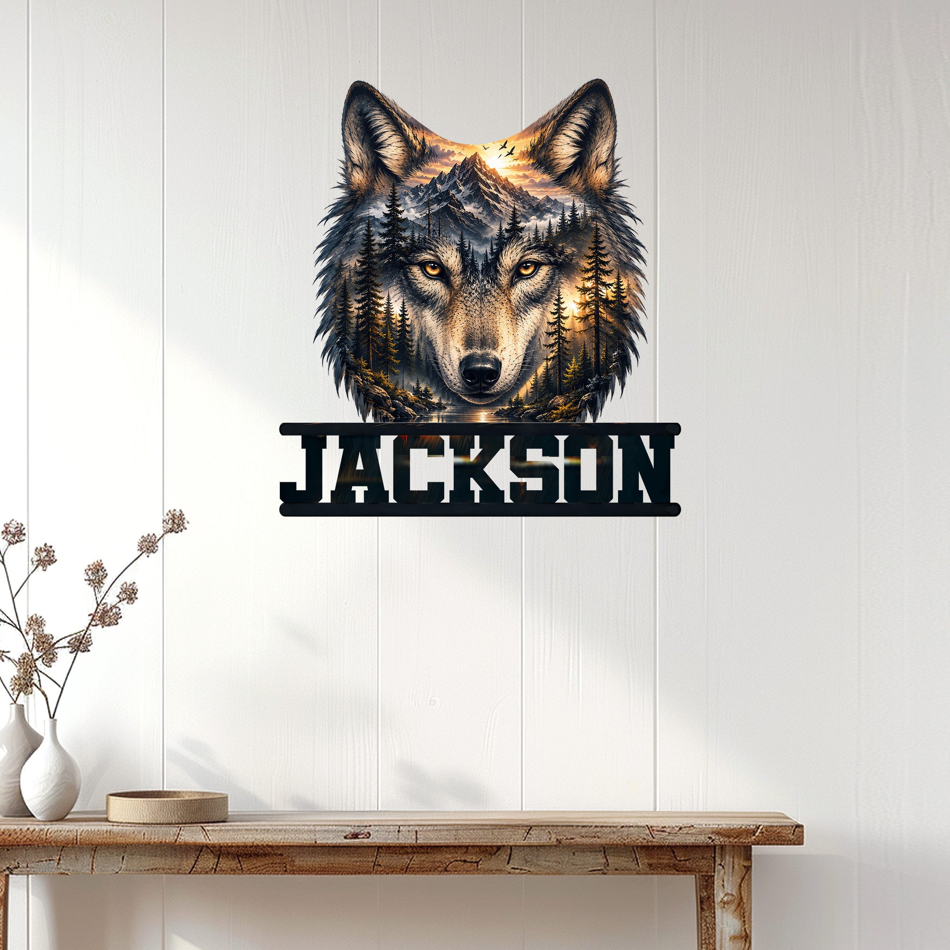 Wolf wall sign displayed on a white paneled wall above a wood console for rustic wildlife decor