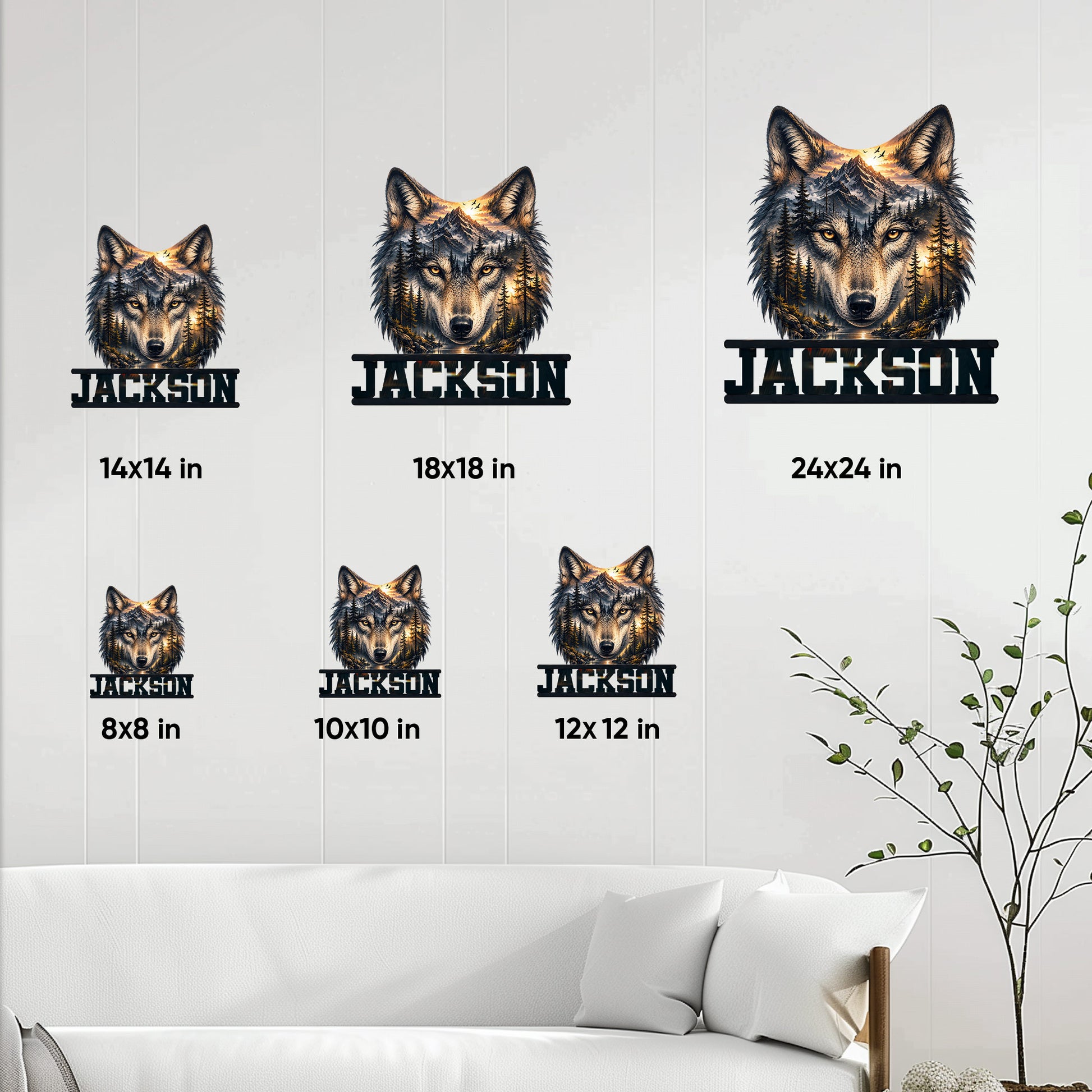 Wolf metal sign size guide showing six square size options from 8 by 8 to 24 by 24 inches