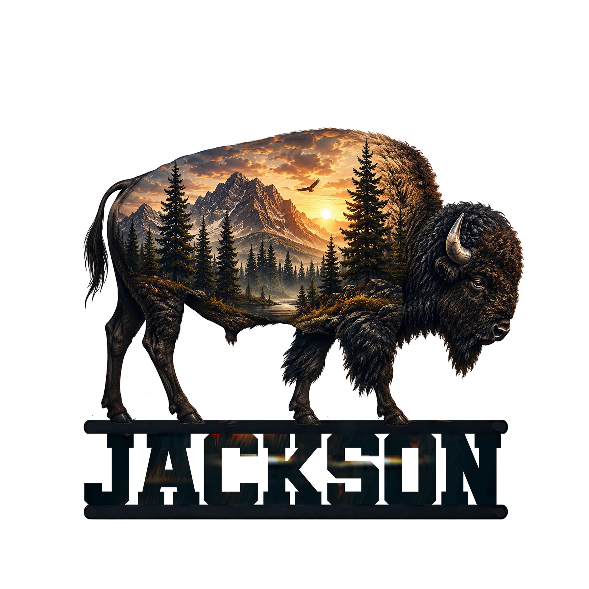 Bison metal sign featuring a mountain landscape, evergreen forest, sunset, and bold custom design