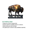Bison cut metal sign showcasing a mountain sunset scene and rugged wildlife wall decor design