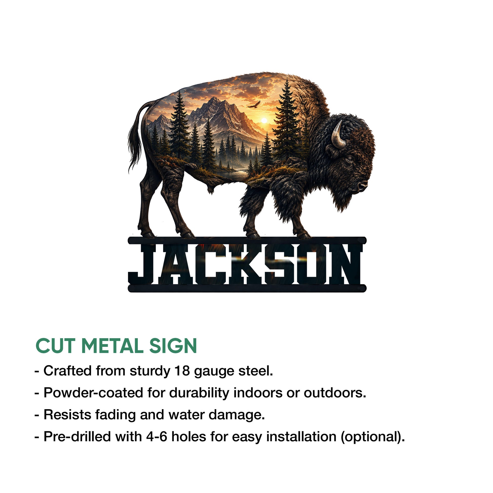 Bison cut metal sign showcasing a mountain sunset scene and rugged wildlife wall decor design