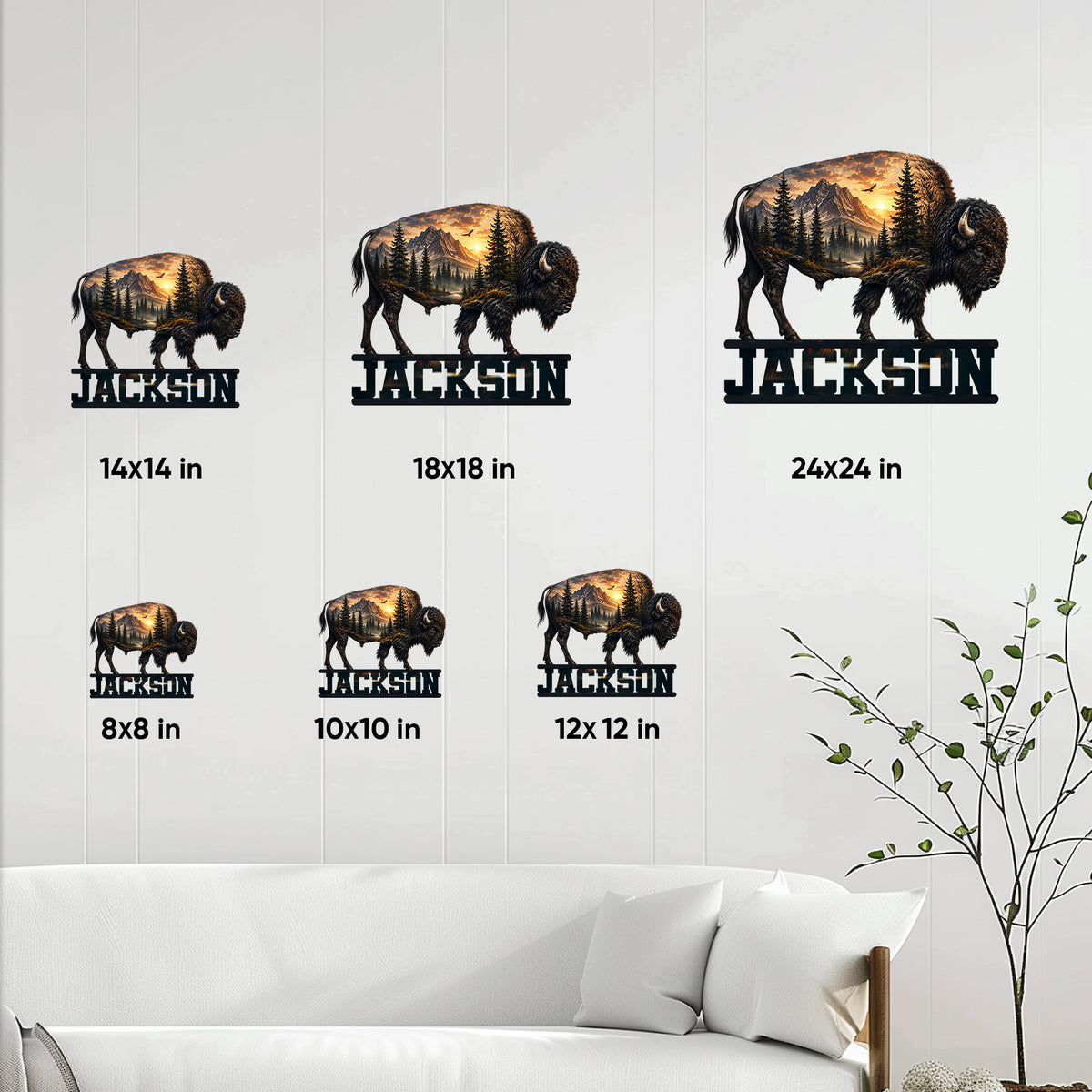 Bison metal sign size guide showing available square sizes from 8 by 8 to 24 by 24 inches