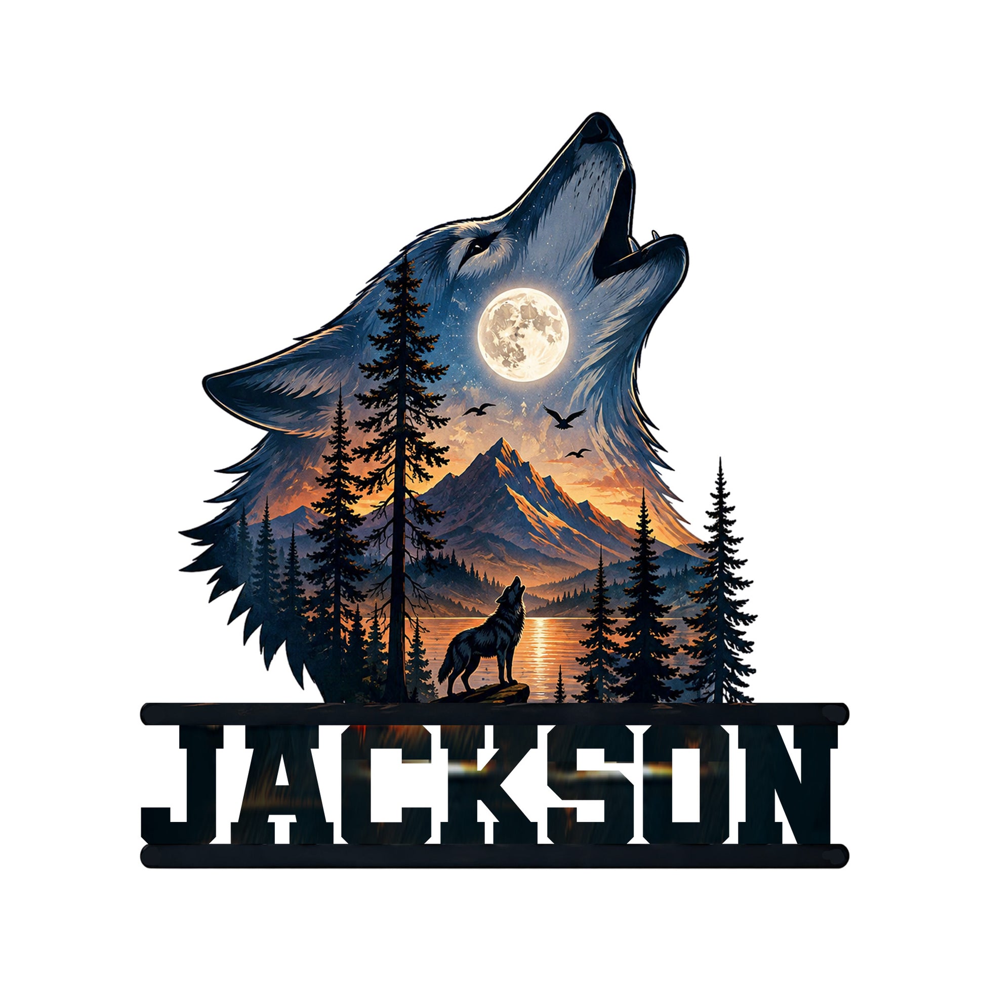Wolf metal sign featuring a howling wolf, full moon, mountain lake, evergreen forest, and silhouetted woodland scene