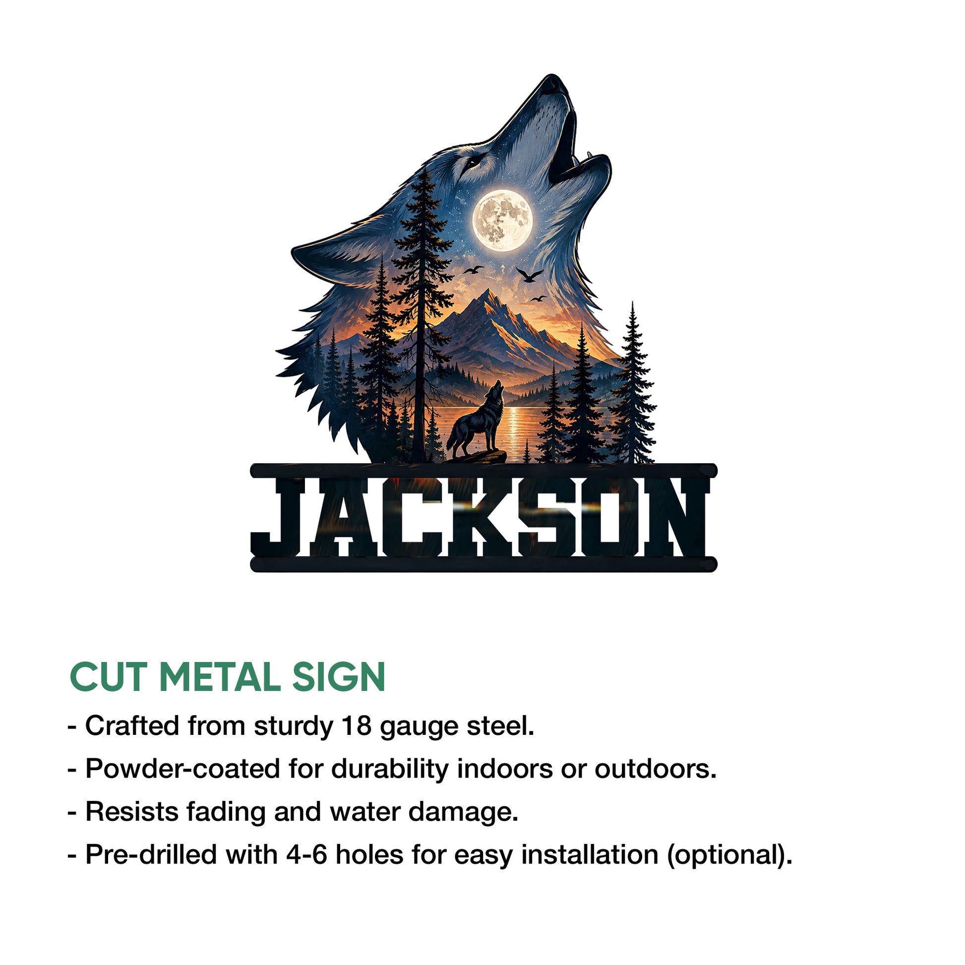 Wolf wall sign showing a moonlit mountain landscape with pine trees, a howling wolf, and a bold metal frame