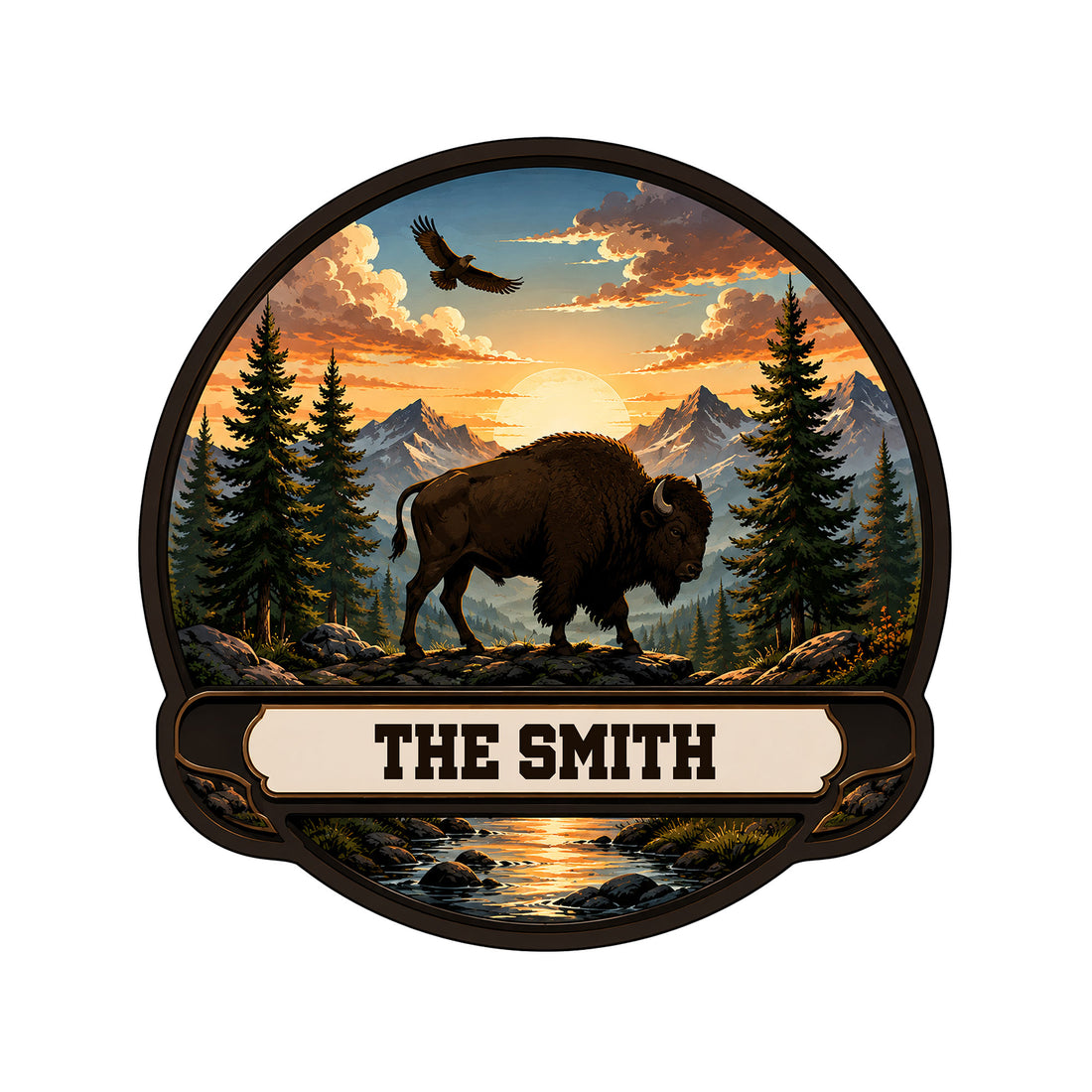 Custom bison metal sign featuring a buffalo in a mountain forest landscape at sunset