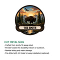 Bison metal sign product artwork with a buffalo, evergreen forest, mountain peaks, and sunset scenery