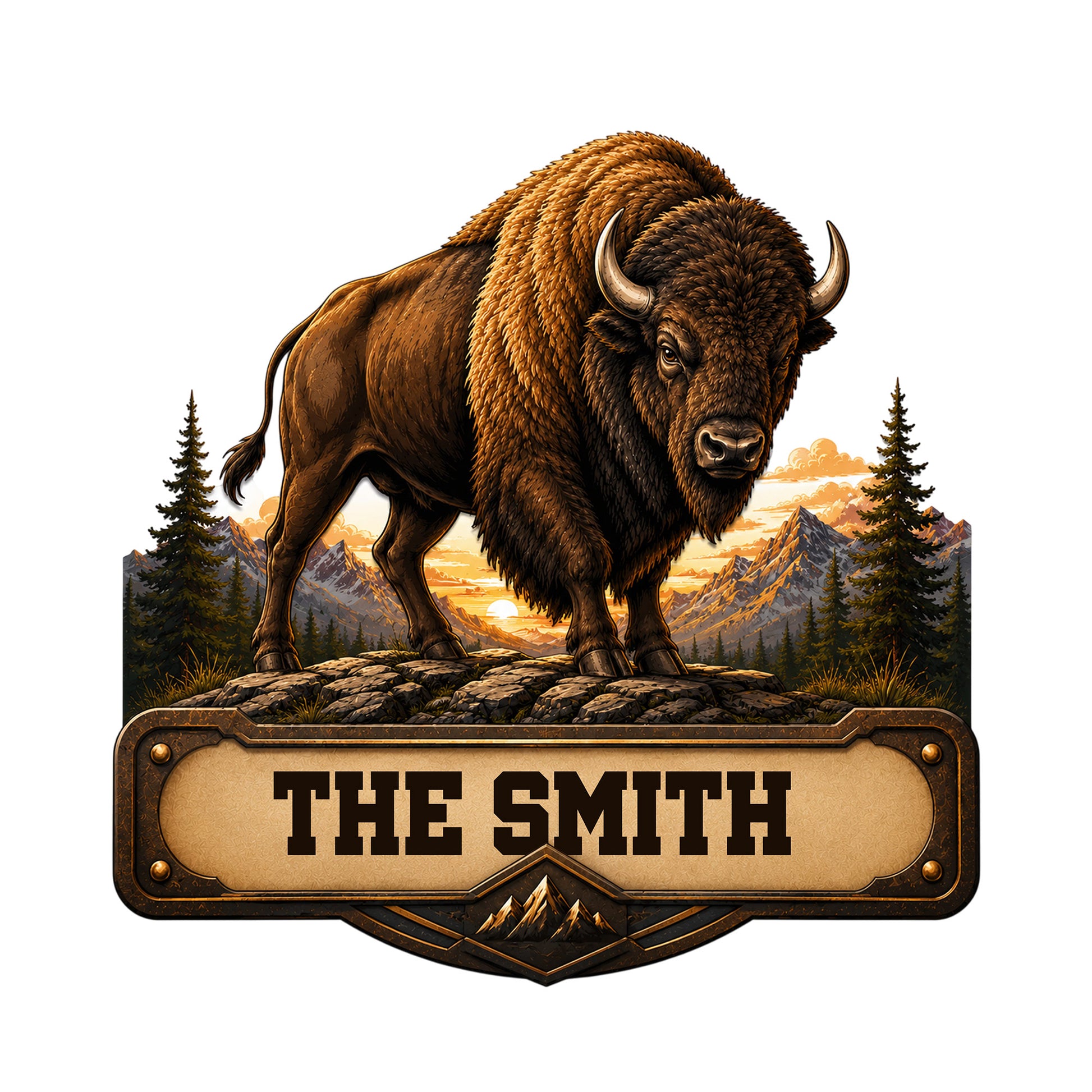 Custom bison metal sign featuring a powerful buffalo above a mountain and pine tree landscape