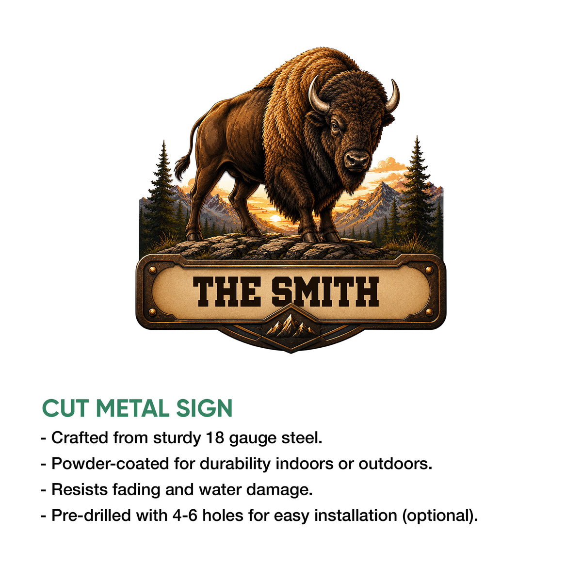 Bison metal sign feature graphic showing the wildlife artwork and cut-steel sign design