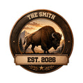Custom bison metal sign featuring a powerful American buffalo in a mountain and forest landscape