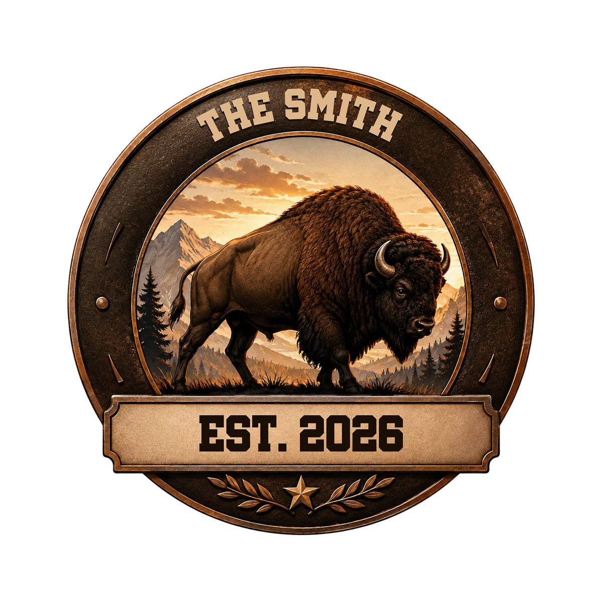 Custom bison metal sign featuring a powerful American buffalo in a mountain and forest landscape