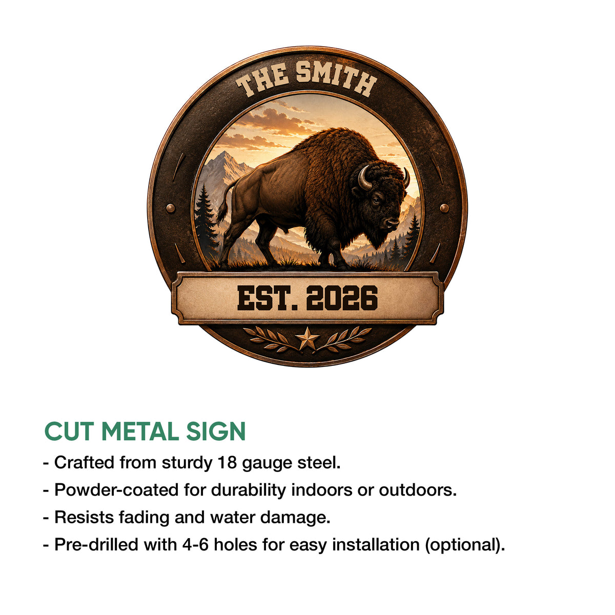 Bison cut metal sign feature graphic showing the wildlife design and indoor or outdoor display use
