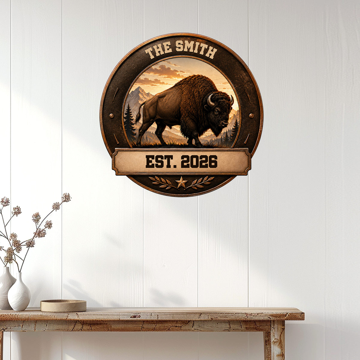 Rustic bison wall decor displayed on a white paneled wall above a wooden console table
