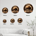 Bison metal sign size guide showing multiple square size options in a home wall setting