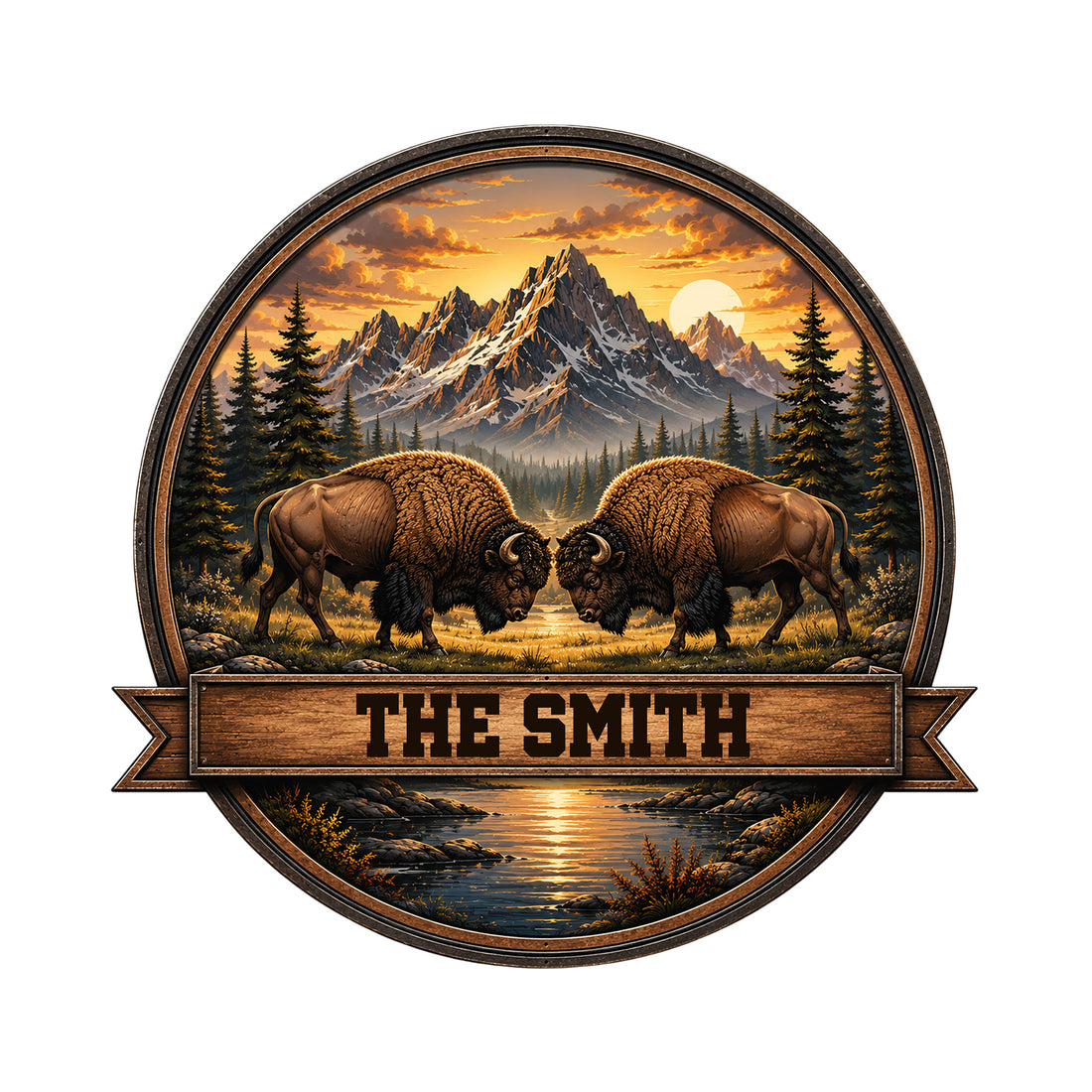 Custom bison metal sign featuring two buffalo in a mountain wilderness landscape with pine trees and a river