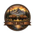 Custom bison metal sign featuring two buffalo in a mountain wilderness landscape with pine trees and a river
