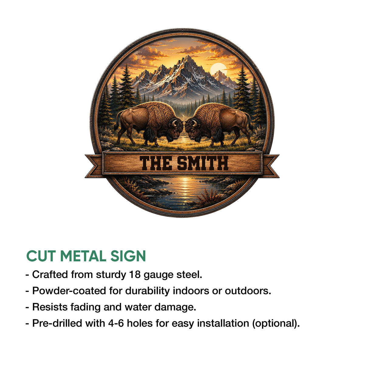 Bison metal sign feature graphic showing the circular wildlife artwork and cut metal sign presentation