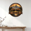 Bison mountain landscape metal sign displayed as rustic wall decor in a bright home entryway