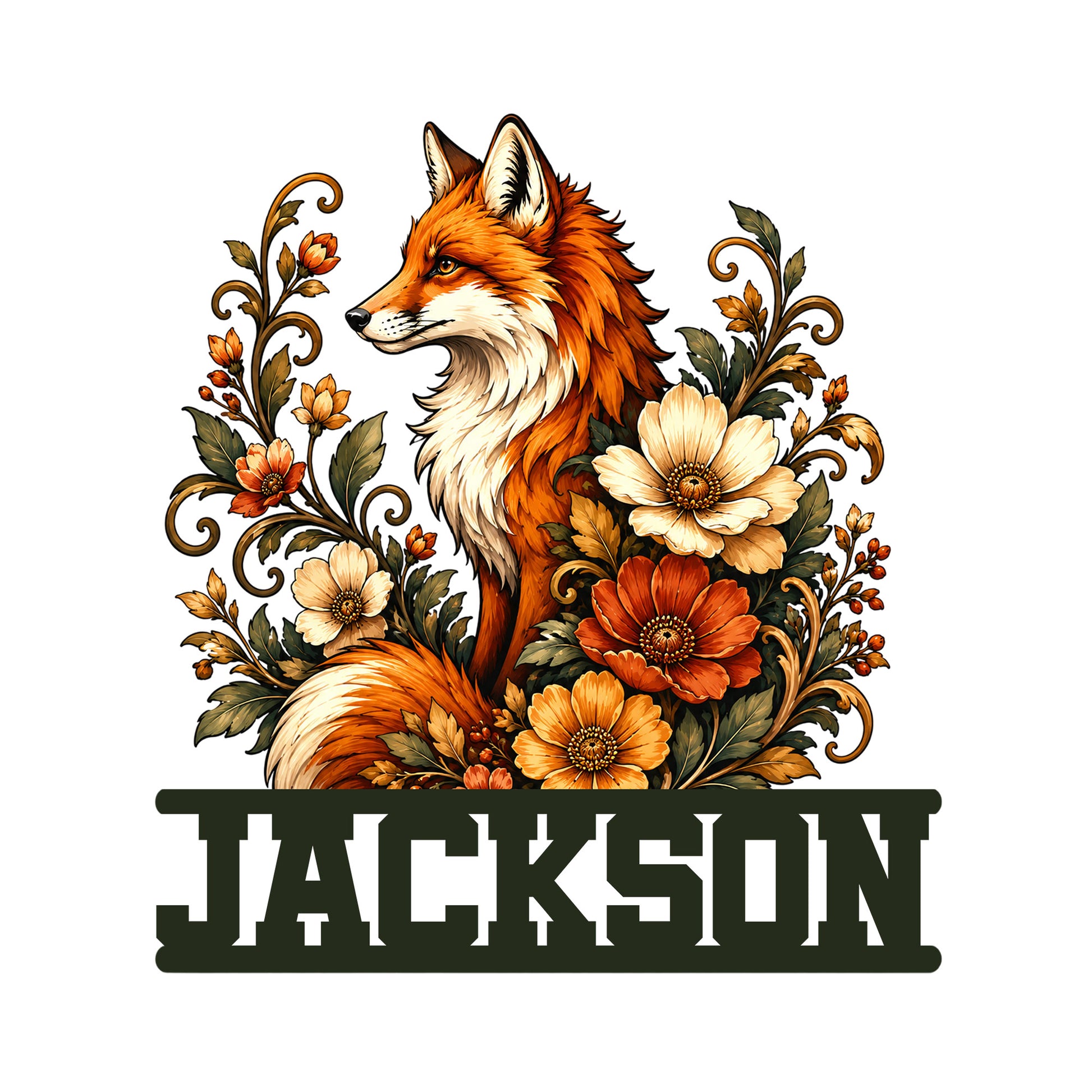 Custom fox metal sign featuring a detailed orange fox surrounded by colorful flowers and leafy botanical accents