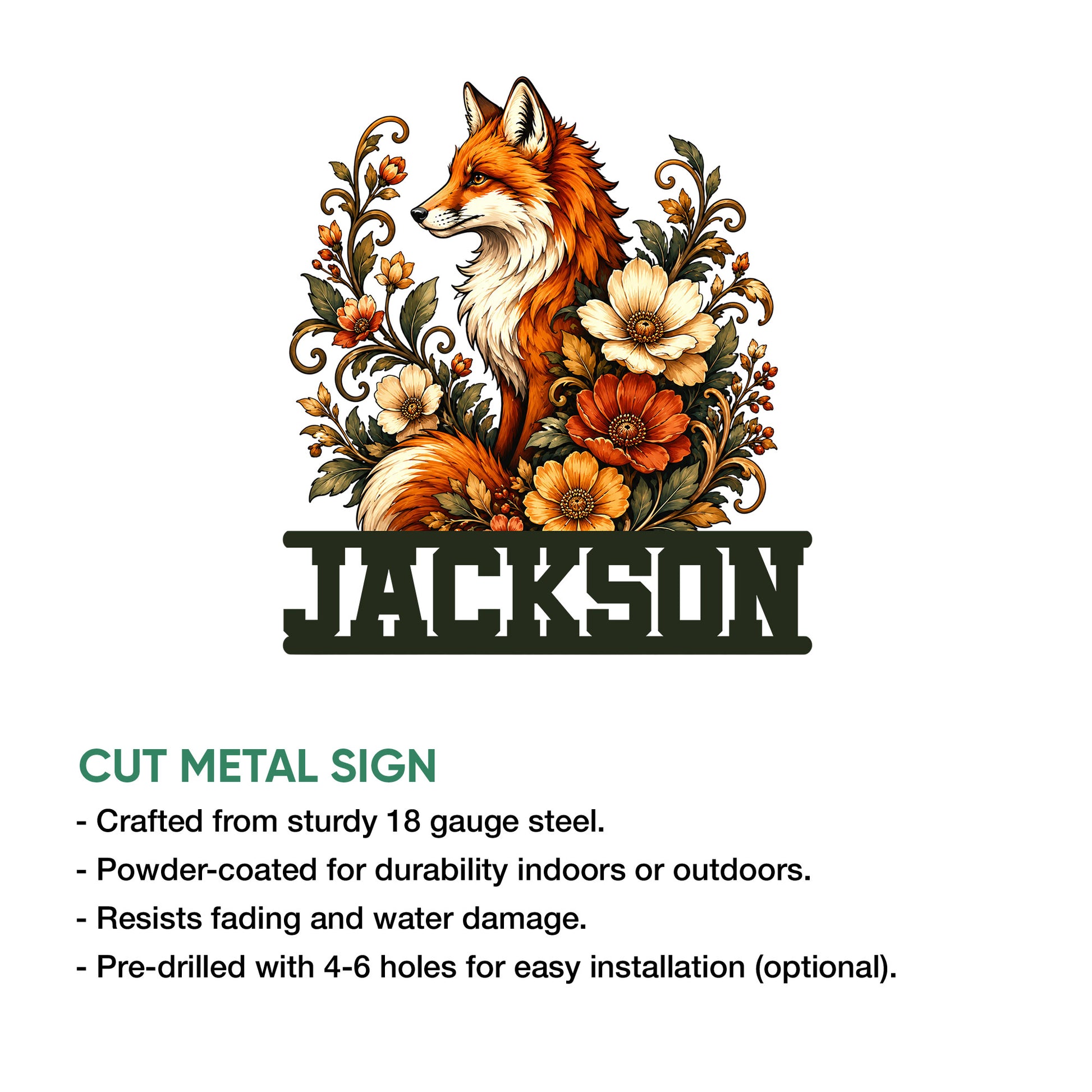 Fox floral metal sign product graphic showing the decorative wildlife artwork and cut metal sign features