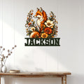 Custom fox wall sign displayed above a console table in a bright home interior with botanical decor