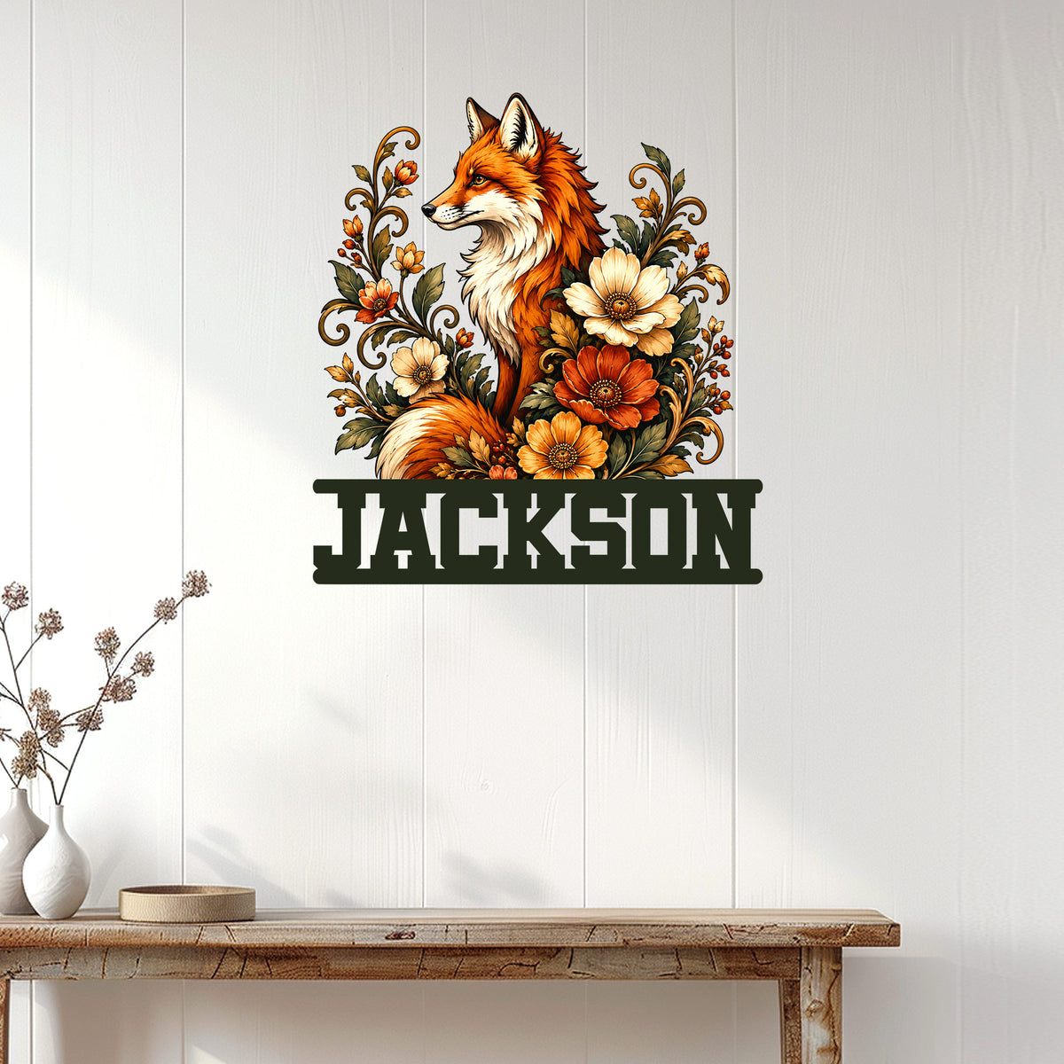 Custom fox wall sign displayed above a console table in a bright home interior with botanical decor