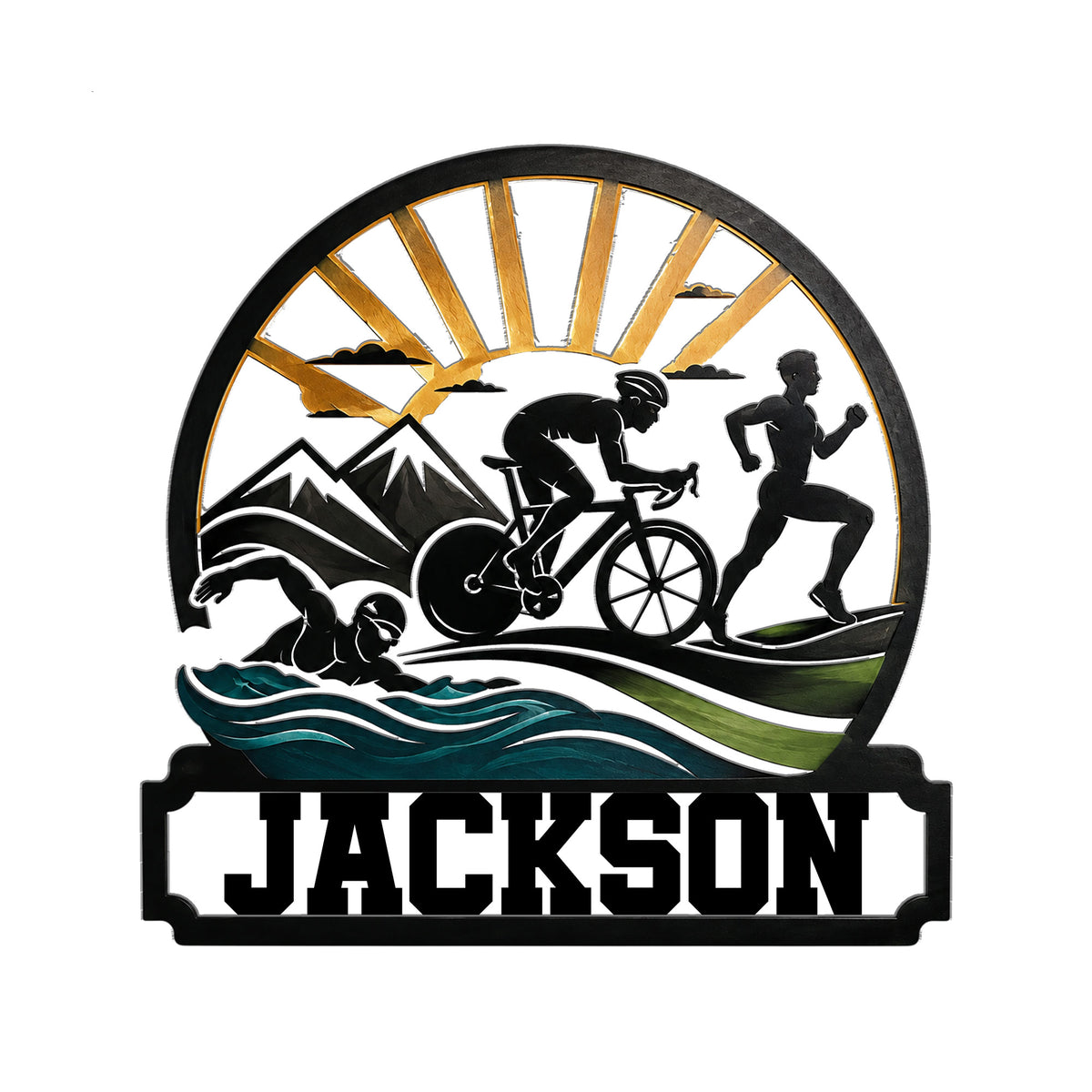 Triathlon metal sign featuring swimmer, cyclist, and runner beneath mountain sunrise rays