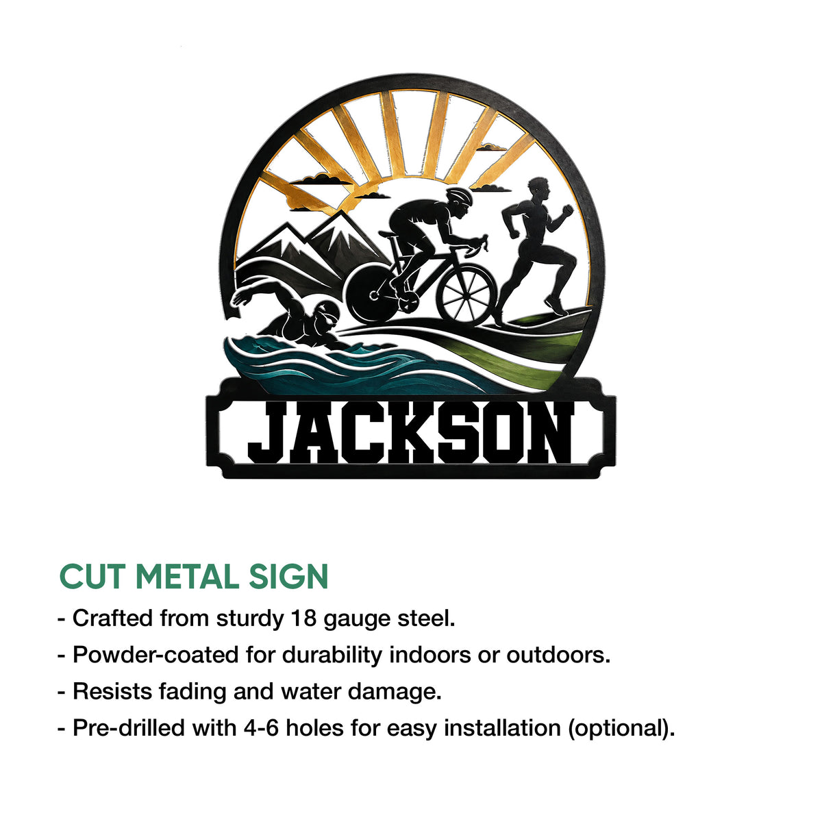 Triathlon cut metal sign showing the swim, bike, and run stages with a bold athletic silhouette