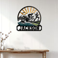Triathlon wall decor displayed on a light paneled wall, featuring swimmer, cyclist, and runner