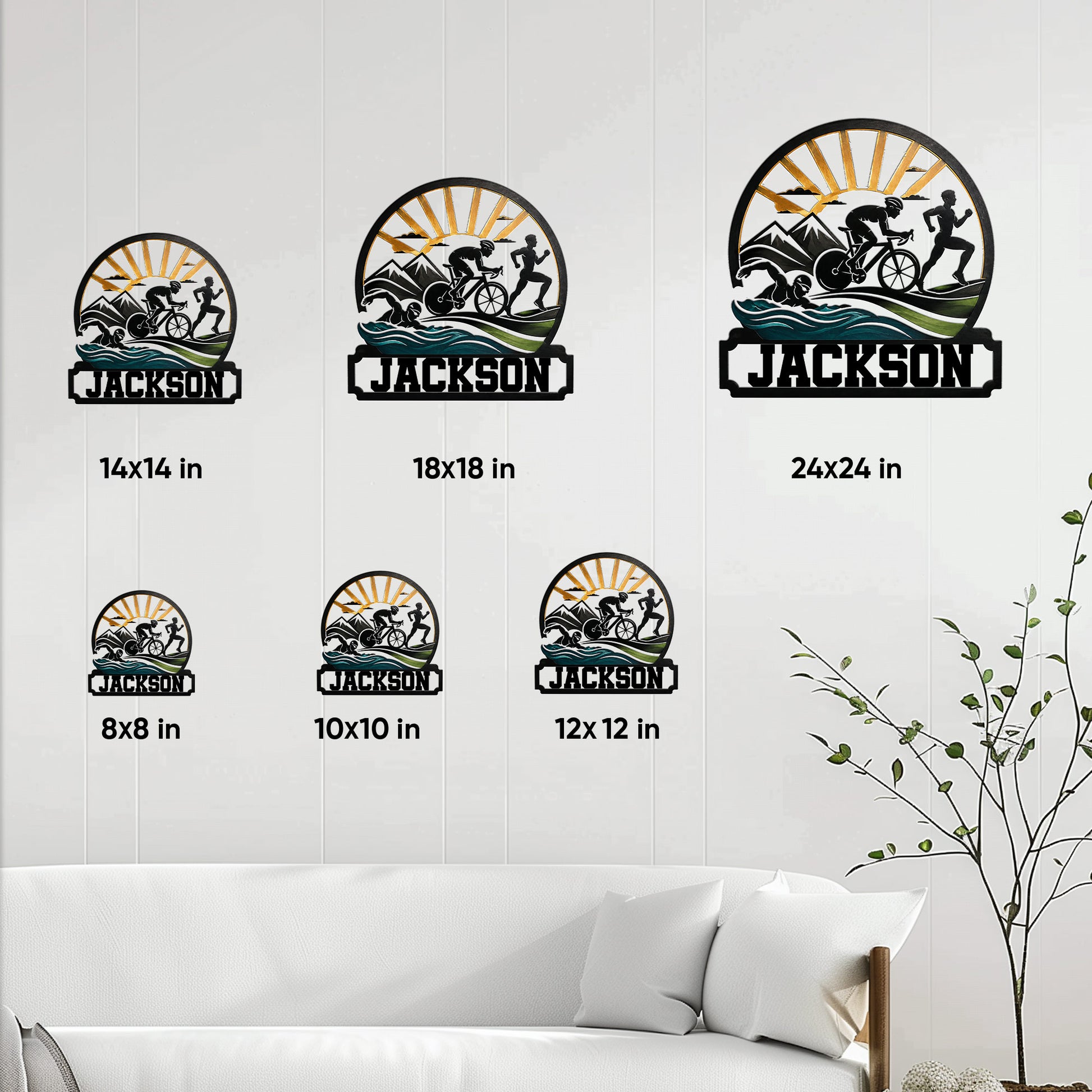 Triathlon metal sign size guide showing available dimensions from 8 by 8 to 24 by 24 inches