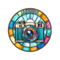 Colorful stained-glass-inspired camera metal sign for custom photography studio wall decor