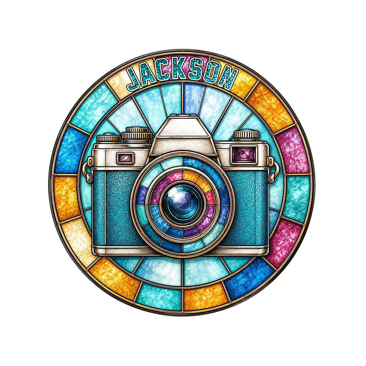 Colorful stained-glass-inspired camera metal sign for custom photography studio wall decor
